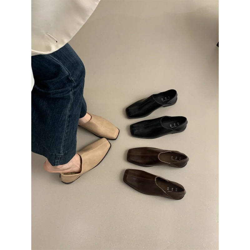 Women Shoes Winter - Retro Square Head Flat Leather Shoes