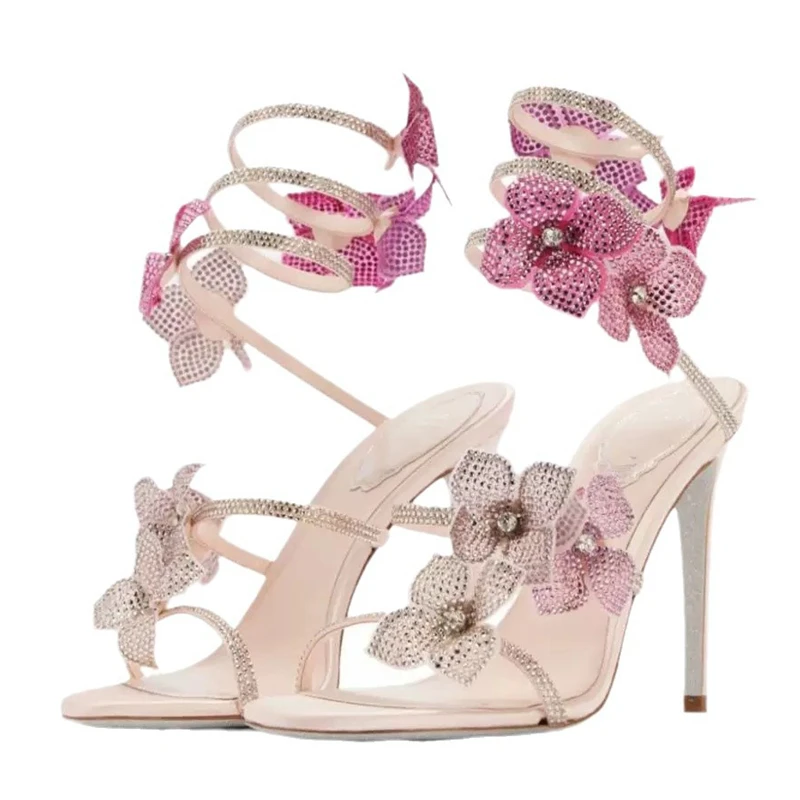Strappy Heeled Sandals - Eilyken Sexy CRYSTAL Flower Thin High