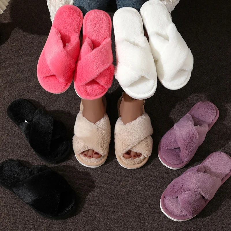 Women Shoes Winter - Cross Warm Fluffy Furry Slippers Women