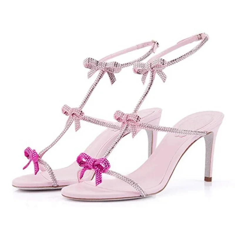 Strappy Heeled Sandals - Aneikeh Elegant Silk Rhinestone Decoration High