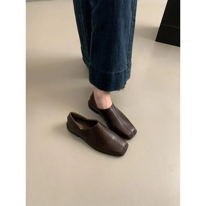 Retro Square Head Flat Leather - Women Shoes Winter ulasan dan harga