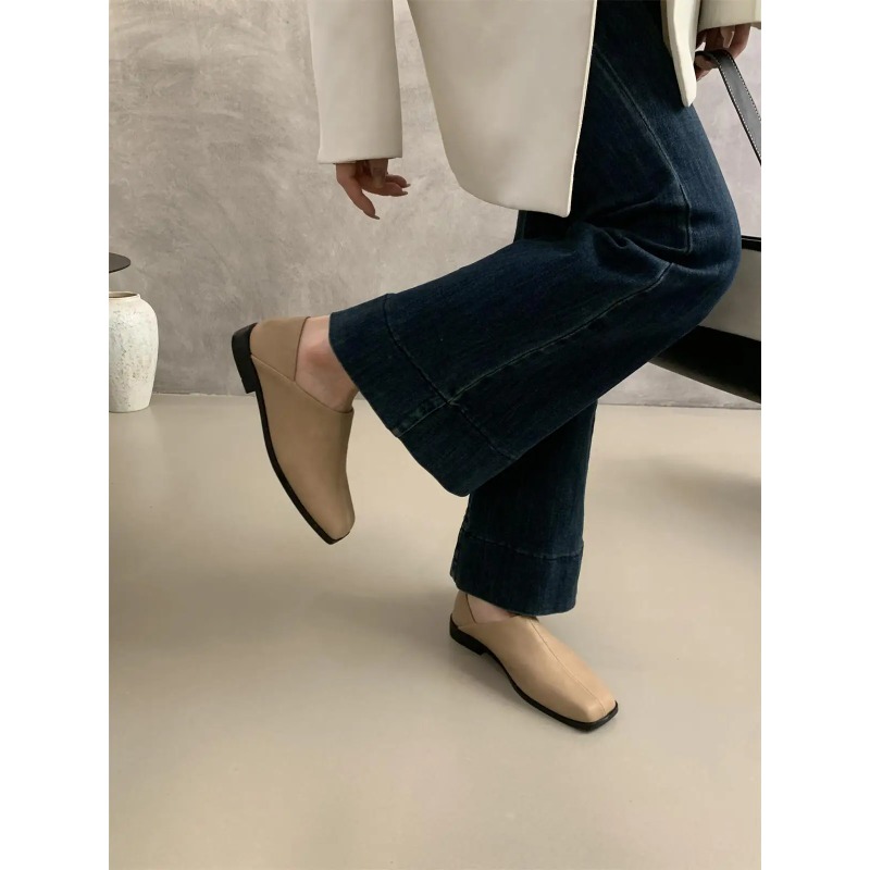 Retro Square Head Flat Leather - Women Shoes Winter ulasan dan harga