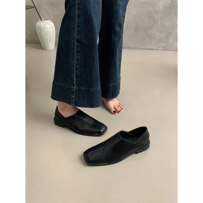Retro Square Head Flat Leather - Women Shoes Winter ulasan dan harga