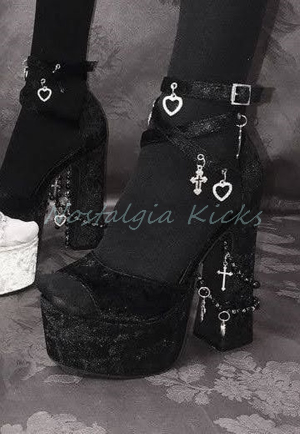 Gothic Black Velvet Platform H - Strappy Heeled Sandals ulasan dan harga