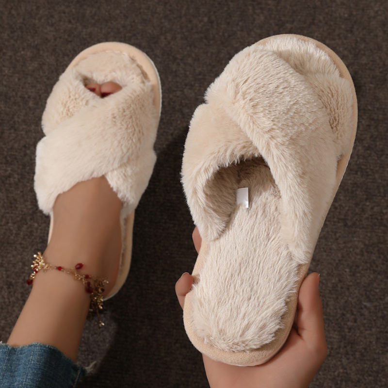 Cross Warm Fluffy Furry Slippe - Women Shoes Winter ulasan dan harga