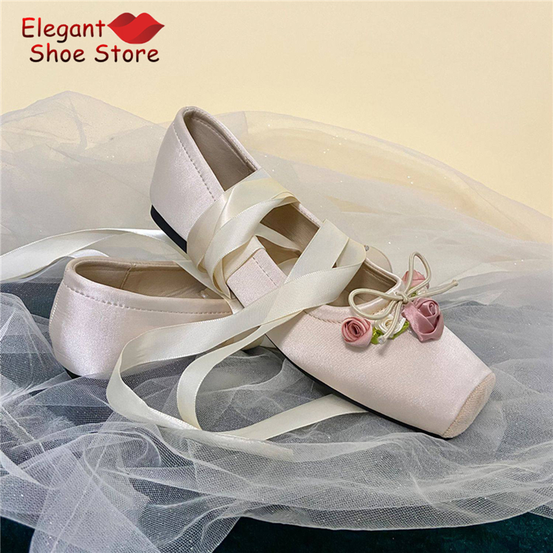 White Pink Rose Decor Satin Ba - Loafer Flat Women ulasan dan harga