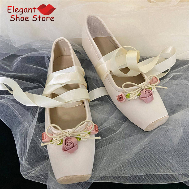 White Pink Rose Decor Satin Ba - Loafer Flat Women ulasan dan harga