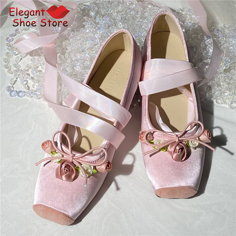 White Pink Rose Decor Satin Ba - Loafer Flat Women ulasan dan harga