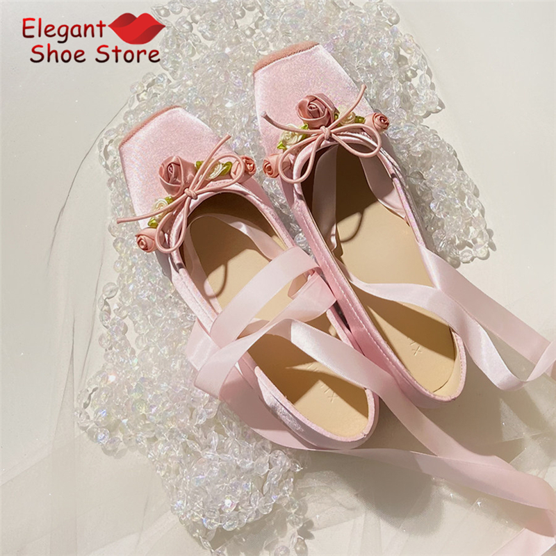 White Pink Rose Decor Satin Ba - Loafer Flat Women ulasan dan harga